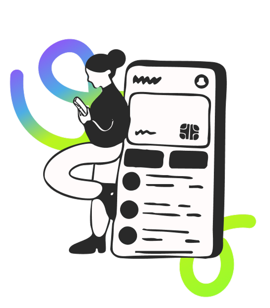 Black and white illustration of a girl on her phone leaning on a big mobile phone with Lucid curve lines in the background