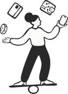 A black and white illustration of a woman juggling with different kinds of digital wallets.