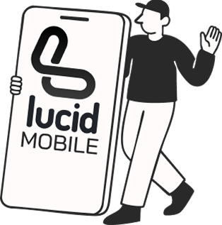Illustration in black and white of a man holding a big lucid mobile phone