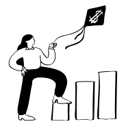 Black and white illustration of a woman climbing stock column chart