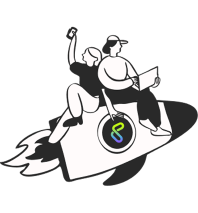 Black and white illustration of a couple riding a branded rocket of Lucid app